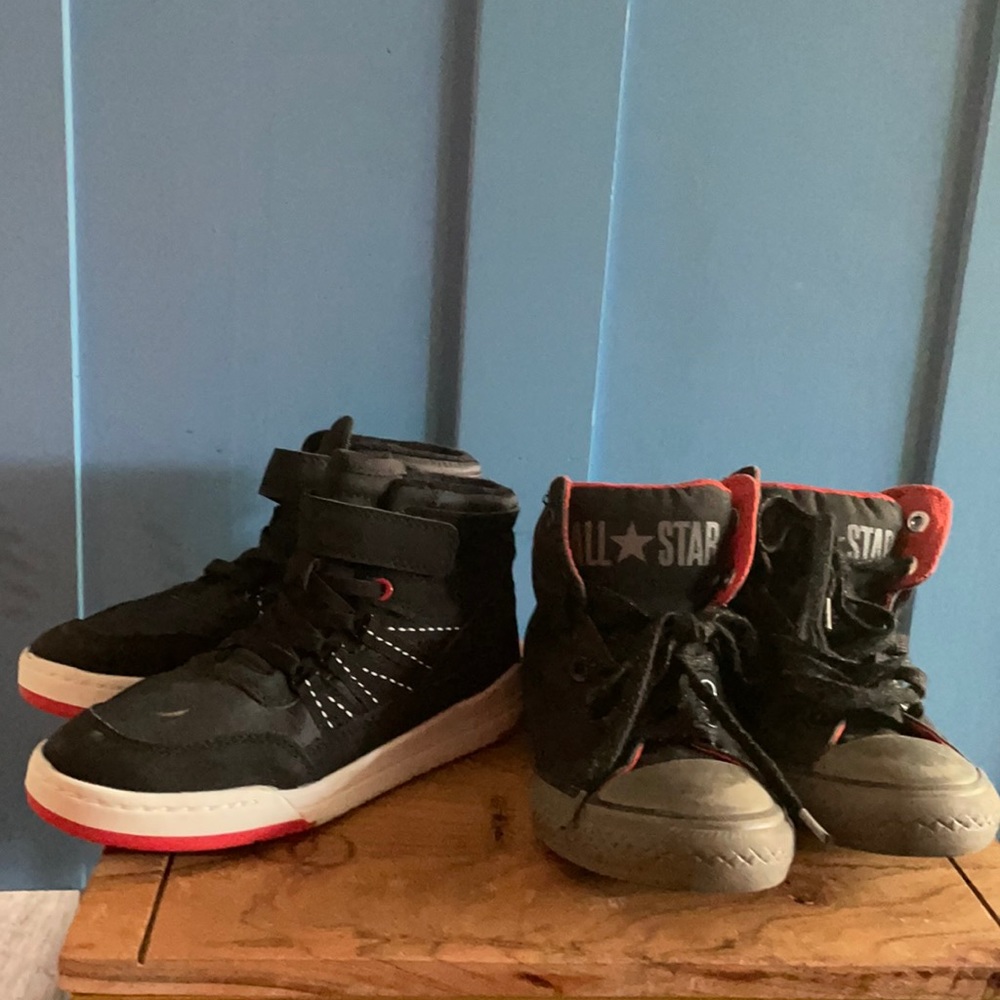 Both sneakers for $18.  Black L new 2 .conv used 3